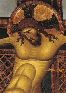 Nahaufnahme eines Wandgemäldes von Jesus Christus, St. Dominikus Kirche, Giunta Pisano, Bologna, Emilia Romagna, Italien von Giunta Pisano
