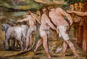 Romulus pflügt die Grenzlinie um die zukünftige Stadt Rom (Detail) von Giuseppe Cesari