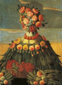 Italien, Florenz, Der Frühling, Korb mit Kirschen und Blumen von Giuseppe (follower of) Arcimboldo