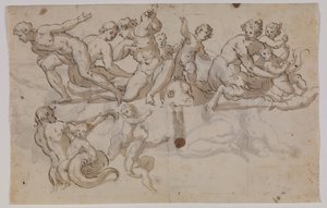 Seepferdchen, Tritonen und Putti reiten auf Delfinen