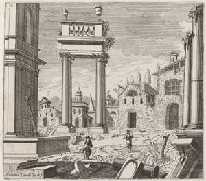 Architektonische Fantasie mit klassischen Ruinen und volkstümlichen Gebäuden von Giuseppe Antonio Landi