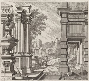 Architektonische Fantasie mit einem Brunnen, klassischen Ruinen und einer Brücke von Giuseppe Antonio Landi