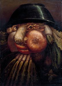Porträt mit Gemüse (Der Gemüsehändler). Unter den dargestellten Gemüse- und Obstsorten: Nüsse, Rettich, Pilz, Knoblauch, Kastanie, Zwiebel, Salat, Haselnuss und Rübe. Gemälde von Giuseppe Arcimboldo (1527-1593) von Giuseppe Arcimboldo