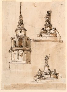 Erhebung eines Turms; Brunnen; Treppe