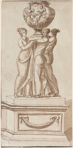 Sockel mit weiblichen Figuren, die eine Vase tragen