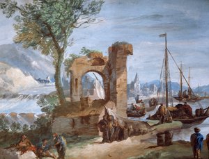 Imaginäre Ansicht: Hafen mit Ruinen und Wasserfall