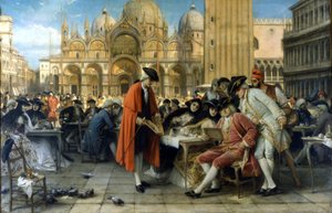 Der Maler Francesco Guardi verkauft seine Gemälde vor dem Florian-Café. 1892. Gemälde von Giuseppe Bertini. Galleria d