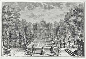 Bühnenbild für eine Oper in einem Garten, aus Architectus Theatralis Primarius, graviert von Johann Andreas Pfeffel (1674-1748), veröffentlicht 1740 von Giuseppe Bibiena