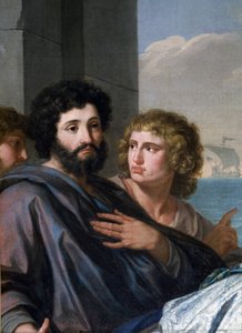 Heilige Paula (Santa Paola Romana) auf dem Weg ins Heilige Land. Eine Witwe im Alter von 33 Jahren, folgte sie dem Heiligen Hieronymus und reiste mit ihrer Tochter Sainte Eustochium 385 auf eine Pilgerreise zu den Heiligen Stätten. Detail eines bärtigen Ma