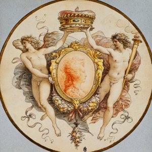 Ovales Porträt einer Frau im Profil mit dekorativem Rand aus Grotesken und Girlanden, flankiert von allegorischen Figuren des Ruhms und des Sieges, die eine Krone halten von Giuseppe Cades