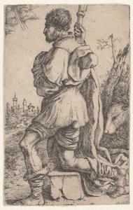 Heiliger Rochus, kniend auf einem Stein, von der Seite gesehen mit seinem Hund dahinter von Giuseppe Caletti