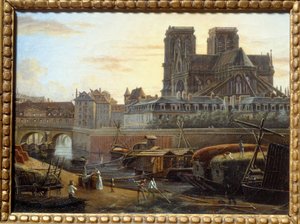Die Saint-Charles-Brücke, das Hôtel-Dieu, das Erzbistum und Notre Dame gesehen vom Quai de la Tournelle in Paris. Gemälde von Giuseppe Canella (1788-1847) von Giuseppe Canella