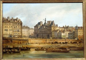Das Rathaus und der Place de Grève gesehen von der Île de la Cité in Paris. Gemälde von Giuseppe Canella (1788-1847) von Giuseppe Canella
