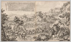 Angriff auf das Lager bei Gatan Ola: aus Schlachtszenen der Niederschlagung von Aufständen in der westlichen Region, mit kaiserlichen Gedichten von Giuseppe Castiglione