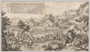 Angriff auf das Lager bei Gatan Ola: aus den Schlachtszenen der Niederschlagung von Aufständen..., ca. 1765-1774