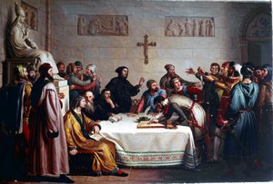Der Eid von Pontida. Zeremonie des Bündnisses am 07.04.1167 zwischen den Gemeinden der Lombardei gegen das Heilige Römische Reich von Friedrich Barbarossa. Es ist der Ursprung der Lega Lombarda (Lombardische Liga). Gemälde von Giuseppe Diotti (1779-1846) von Giuseppe Diotti