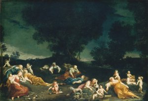 Amor entwaffnet schlafende Nymphen