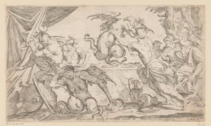 Aeneas und seine Gefährten kämpfen mit den Harpyien