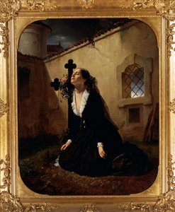 Trauer um den Verlust eines geliebten Menschen oder Frau von Oberst Manara am Grab ihres Mannes von Giuseppe Molteni