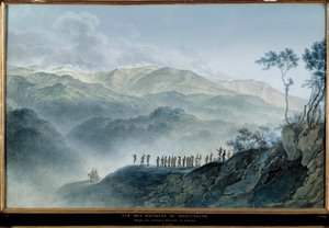 Ansicht der Höhen von Montenotte - Generäle Massena und Laharp beobachten den Angriff, 12. April von Giuseppe Pietro Bagetti
