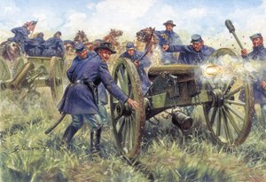 Amerikanischer Bürgerkrieg: Soldaten des Nordens (Union) benutzen eine Waffe während einer Schlacht - Illustration von Giuseppe Rava von Giuseppe Rava