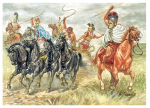 Antikes Griechenland: Griechische Kavalleriesoldaten und Streitwagen - Illustration von Giuseppe Rava