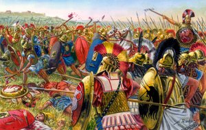 Antikes Rom: Lars Porsenna, etruskischer Militärführer vor den Toren Roms 507 v. Chr. (Illustration von Giuseppe Rava)