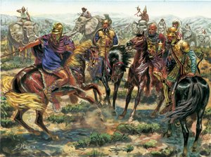 Antikes Rom: Revolte von Amsicora (Hampsicora oder Ampsicora) (3. Jahrhundert v. Chr.) Latifundist Karthager gegen römische Macht 215 v. Chr. - Illustration von Giuseppe Rava von Giuseppe Rava