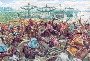 Antikes Ägypten: Die Schlacht im Delta war eine Seeschlacht zwischen Ägypten und den Seevölkern um 1175 v. Chr., als der ägyptische Pharao Ramses III. eine große Seeinvasion abwehrte - Illustration von Giuseppe Rava