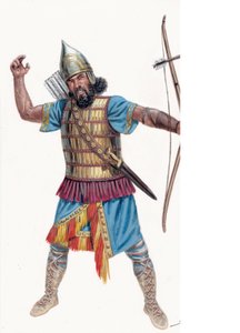 Antike: Schwerer Bogenschütze von Assyrien - Assyrischer schwerer Bogenschütze - Illustration von Giuseppe Rava von Giuseppe Rava