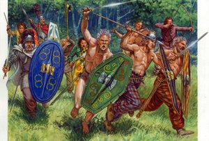 Antike: der Angriff der gallischen Krieger, links ein Krieger in Kettenhemd - Illustration von Giuseppe Rava