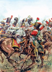 Schlacht von Austerlitz am 2.12.1805, Schlacht zwischen den Soldaten der Großen Armee und den Russen und Österreichern (Illustration von Giuseppe Rava)