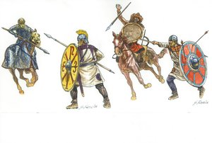 Kataphrakt kämpft gegen einen römischen Legionär und ein Hunnenkrieger