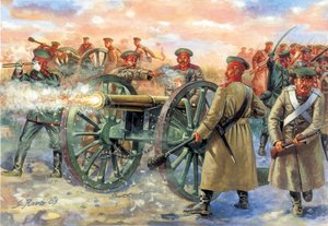 Krimkrieg: Russische Artillerie in der Schlacht von Balaklawa am 25.10.1854 - Illustration von Giuseppe Rava