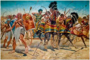Ägyptische Antike: Darstellung des Pharaos Ramses II. (1304-1213 v. Chr.) mit seiner Armee, die Panzer während der Schlacht von Qadesh im Jahr 1274 v. Chr. führt - Pharao Ramses II. (1303 v. Chr. - 1213 v. Chr.) und seine Armee während der Schlacht von Kad von Giuseppe Rava