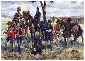 Erstes Kaiserreich: Stab des Herzogs von Wellington in der Schlacht von Waterloo am 18. Juni 1815 - Illustration von Giuseppe Rava