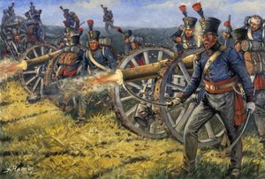 Erstes Kaiserreich: niederländisch-belgische Artilleriesoldaten feuern Kanonenschüsse in der Schlacht von Waterloo am 18.06.1815 - Illustration von Giuseppe Rava von Giuseppe Rava