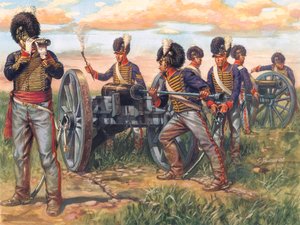 Erstes Kaiserreich: englische Artilleriesoldaten laden eine Kanone in der Schlacht von Waterloo im Jahr 1815 - Illustration von Giuseppe Rava von Giuseppe Rava