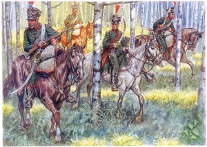 Erstes Kaiserreich: Reiterjäger der Großen Armee Napoleons I auf Patrouille (Illustration von Giuseppe Rava)