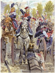 Erstes Kaiserreich, Spanischer Krieg: Der Angriff der polnischen Kavallerie in der Schlacht von Somosierra 1808 (Illustration) von Giuseppe Rava