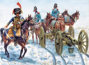 Erstes Kaiserreich (1804-1814): Schleppen der Artillerie der Großen Armee im Schnee - Illustration von Giuseppe Rava