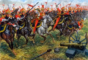Erstes Kaiserreich: 2. Regiment der leichten Kavallerie-Lanzen der Kaiserlichen Garde Napoleons I. in der Schlacht von Waterloo am 18.06.1815 - Illustration von Giuseppe Rava