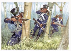 Erstes Kaiserreich: Leichte Infanteriesoldaten im Wald - Illustration von Giuseppe Rava