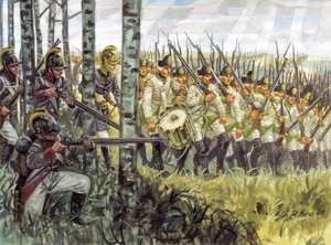 Erstes Kaiserreich: Soldaten der österreichischen Infanterie im Vormarsch um 1798 - 1805 - Illustration von Giuseppe Rava von Giuseppe Rava