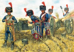 Erstes Kaiserreich: Soldaten der Artillerie der Kaiserlichen Garde Napoleons I. in der Schlacht von Waterloo am 18.06.1815 - Illustration von Giuseppe Rava von Giuseppe Rava