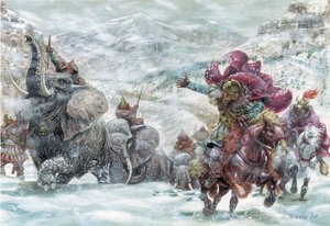 Römische Antike: Die Elefanten Hannibals während der Alpenüberquerung - Darstellung der Elefanten, die dem karthagischen General Hannibal (247-183 v. Chr.) 218 v. Chr. während des Zweiten Punischen Krieges die Alpenüberquerung ermöglichten - Illustration v von Giuseppe Rava