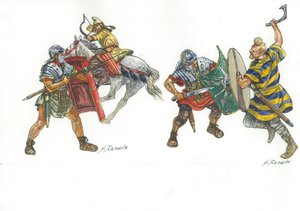 Römische Legionäre kämpfen gegen einen parthischen Bogenschützen und einen fränkischen Krieger
