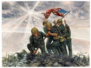 Zweiter Weltkrieg, Pazifikkrieg: Schlacht um Iwo Jima, Sieg der US-Marines im Februar 1945 - WWII, Pazifikkrieg: Schlacht um Iwo Jima (Operation Detachment), die US-Marines hissen die amerikanische Flagge, Februar 1945, Japan - Illustration von Giuseppe Ra von Giuseppe Rava