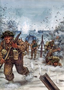 Zweiter Weltkrieg: Schottische Soldaten während der Landung in der Normandie am 6. Juni 1944 (Illustration von Giuseppe Rava)