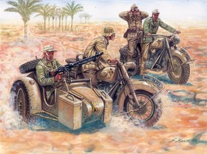 Zweiter Weltkrieg: das Deutsche Afrikakorps (DAK Afrika Korps) rollt in der libyschen Wüste in BMW-Seitenwagen von Giuseppe Rava